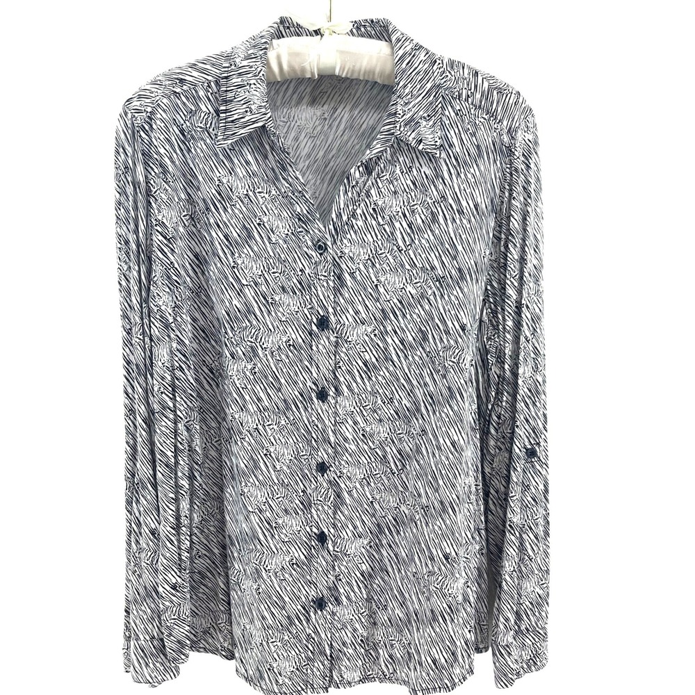 Chico's Button Down Shirt Womens M Black White Tiger Animal Print Top Airy